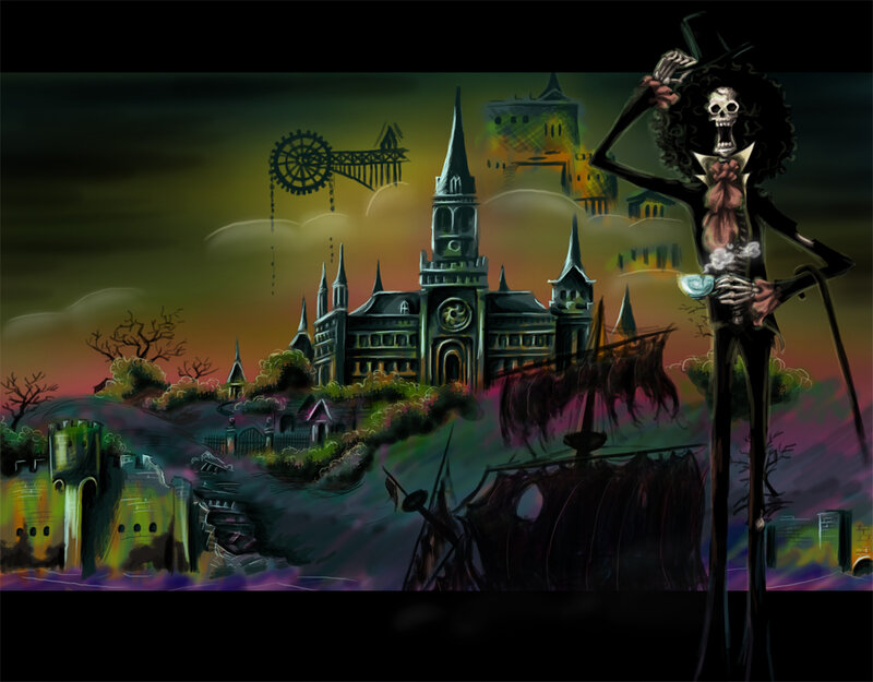 skeleton pirate in a dark landscape