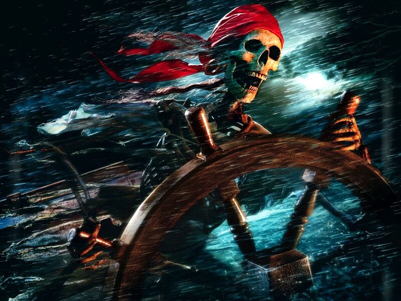skeleton pirate steering ship