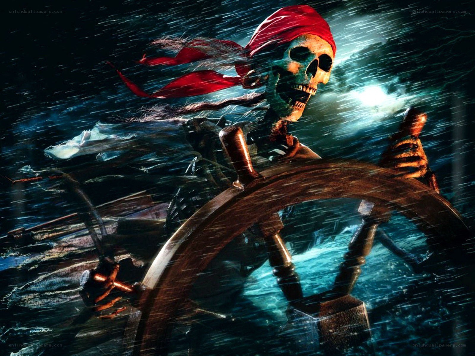 skeleton pirate steering ship