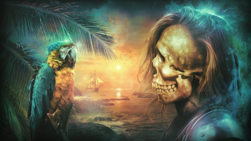 Skeleton Pirate with Parrot — Green, Dramatic