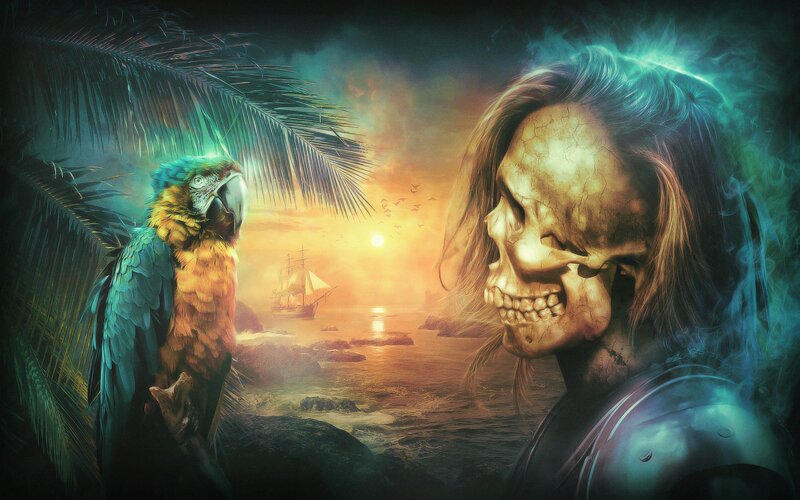 Skeleton Pirate with Parrot — Green