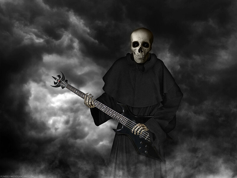 skeleton playing bass guitar