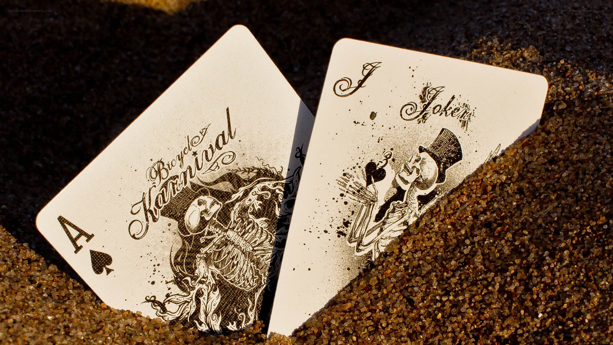 skeleton playing cards on sand