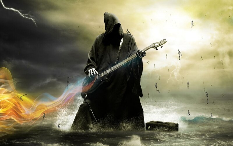Skeleton Playing Guitar — Black, Dramatic