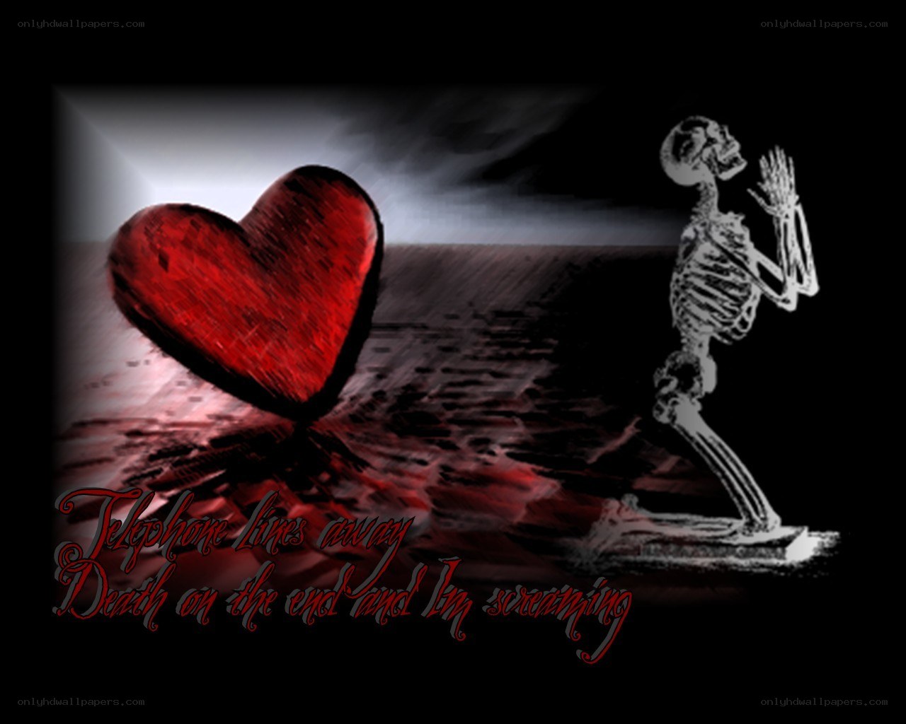 skeleton praying with red heart