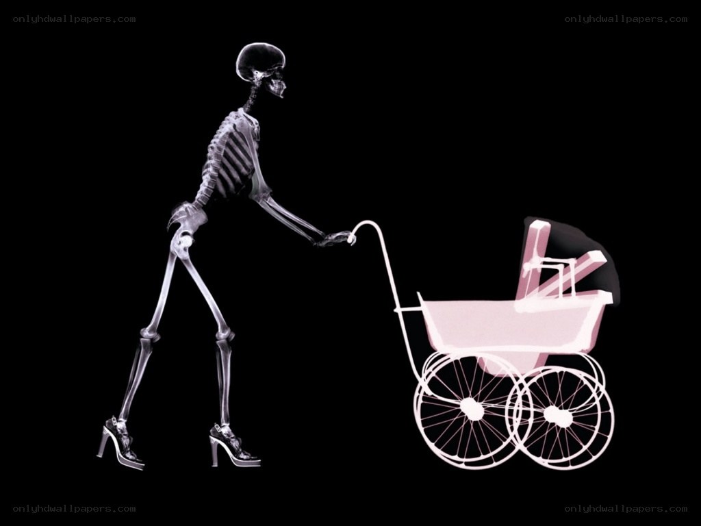 skeleton pushing a baby carriage