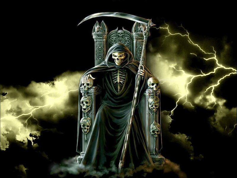 Skeleton Reaper on Throne — Black, Dramatic, Night, Digital Art, Skulls