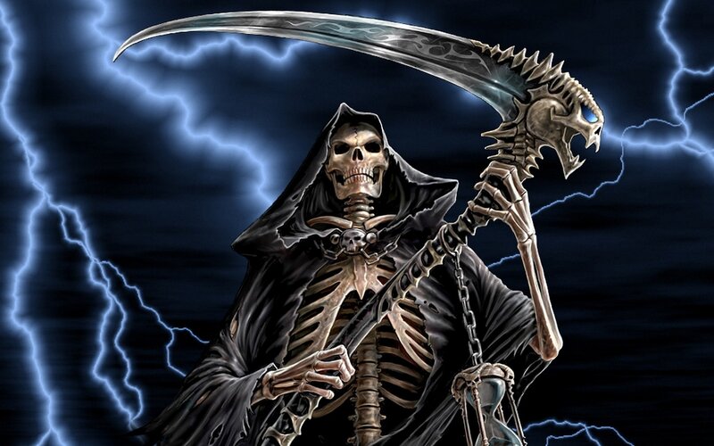 Skeleton Reaper with Scythe — Black, Dramatic, Night, Digital Art, Lightning
