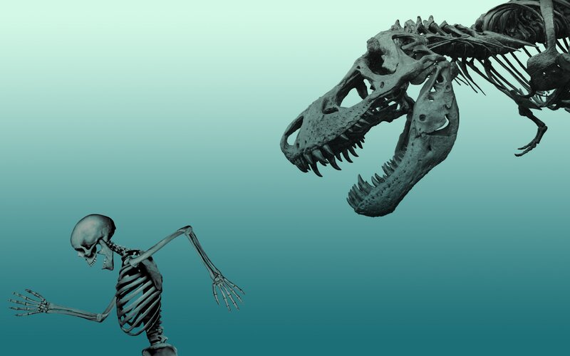 Skeleton Running from Dinosaur