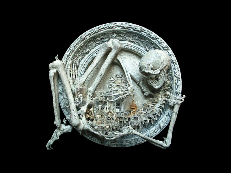 skeleton sculpture with cityscape