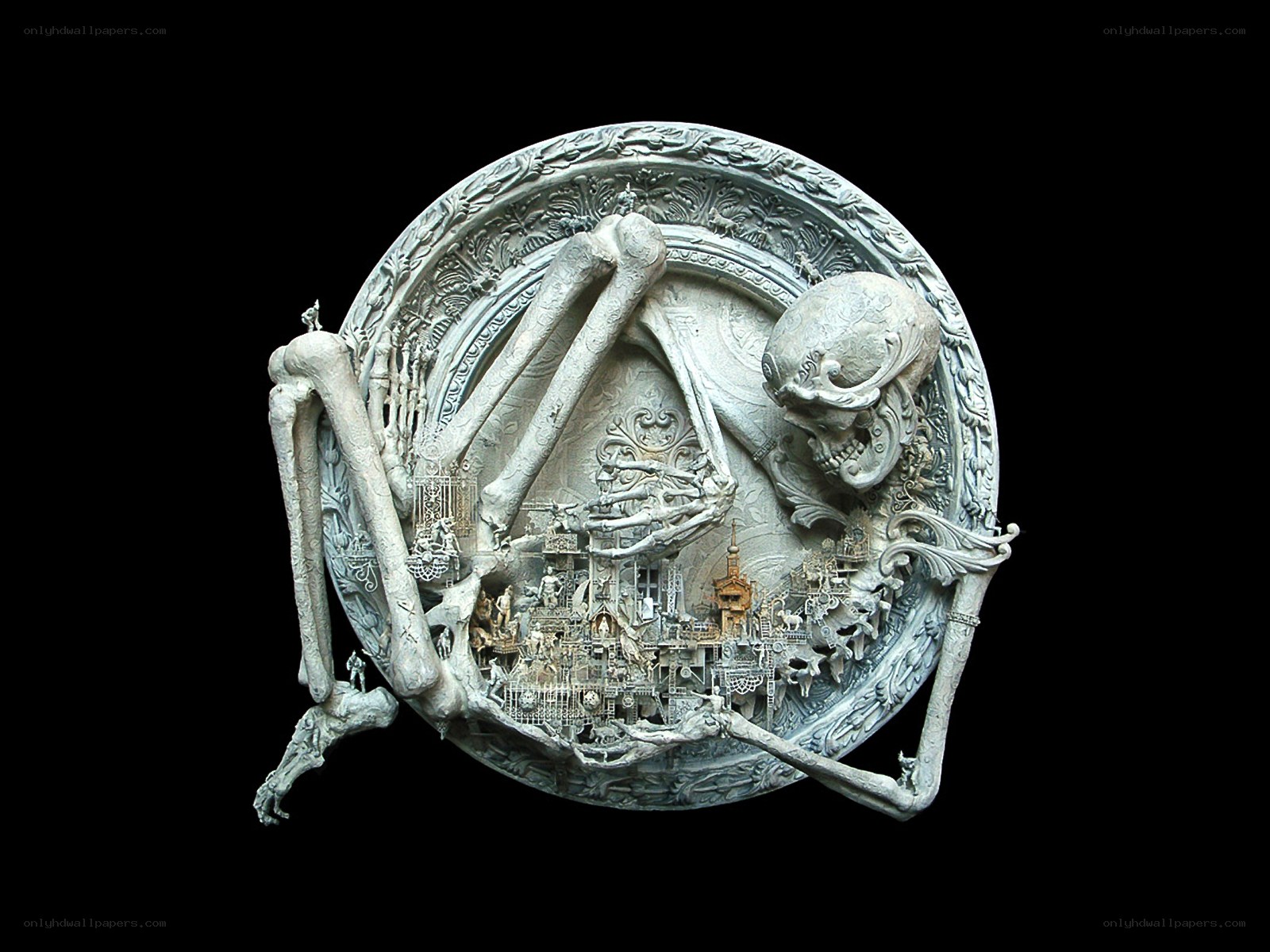 skeleton sculpture with cityscape