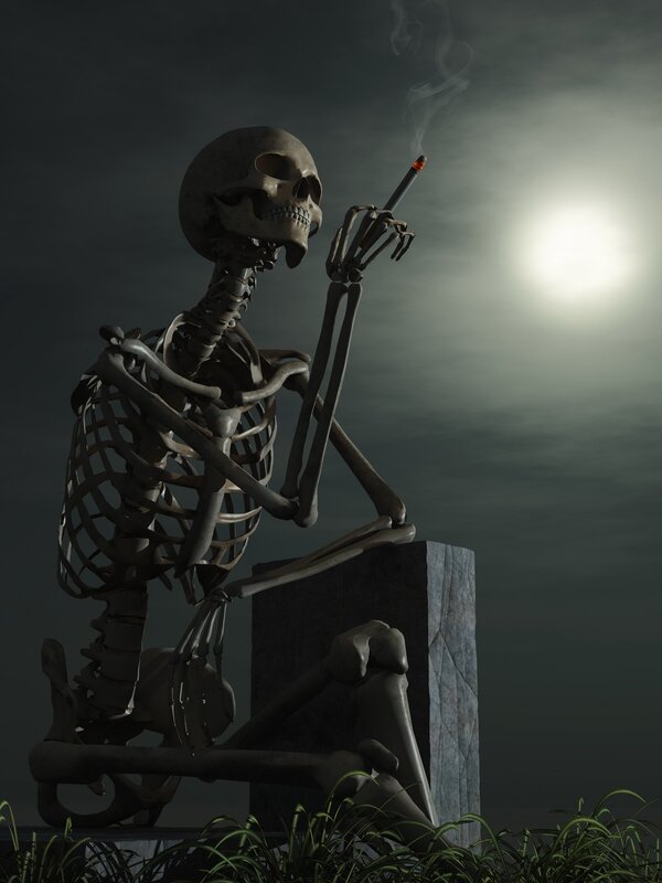 skeleton smoking at night