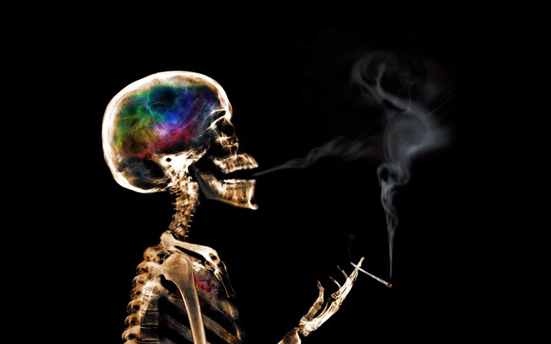 Skeleton Smoking Cigarette — Black, Dramatic, Digital Art, Smoke