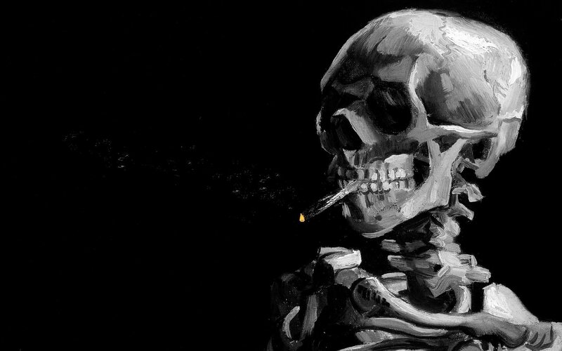 Skeleton Smoking Cigarette — Black, Dramatic, Painting, Smoke