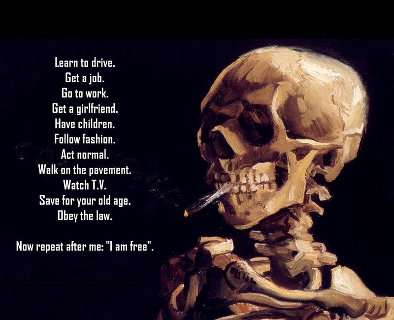 Skeleton Smoking Cigarette — Black, Dramatic, Painting