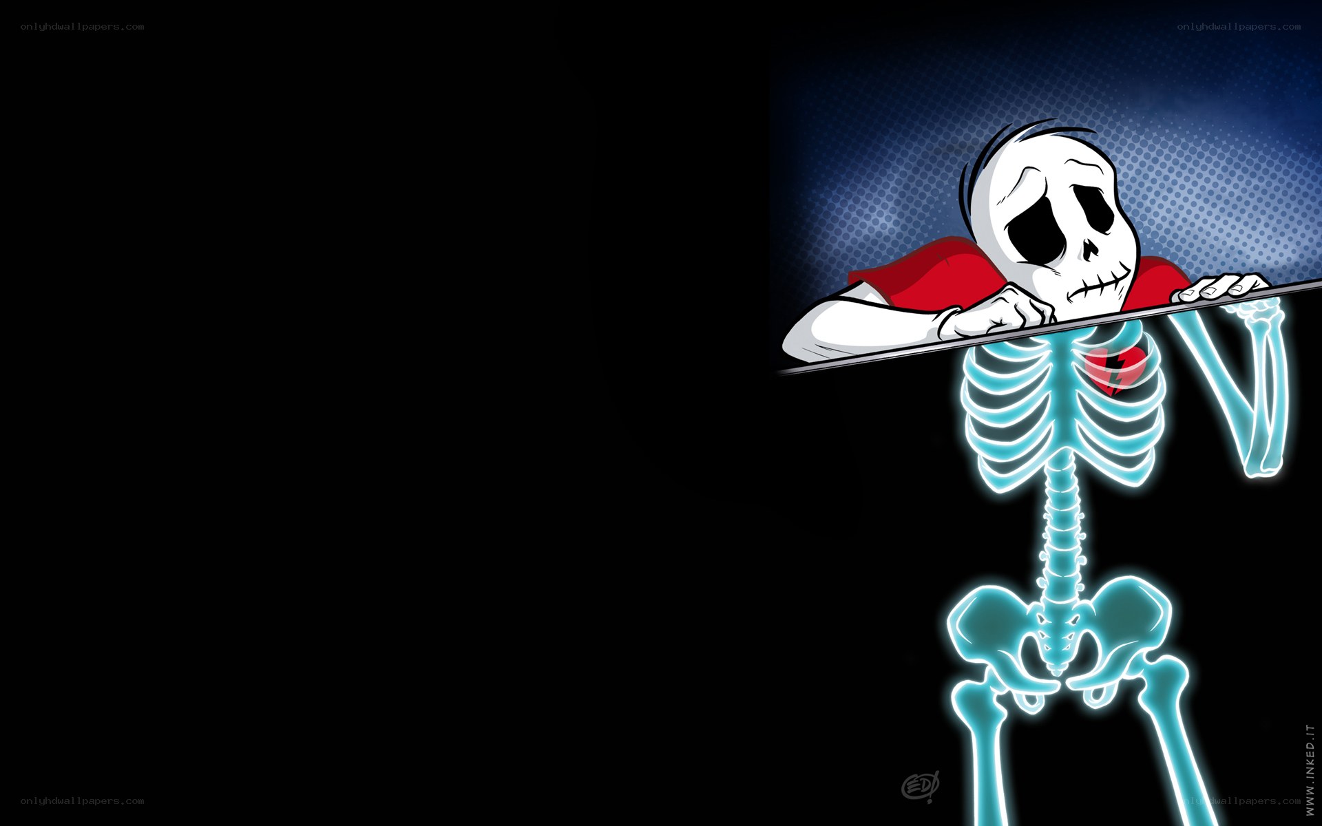 skeleton superhero with broken heart