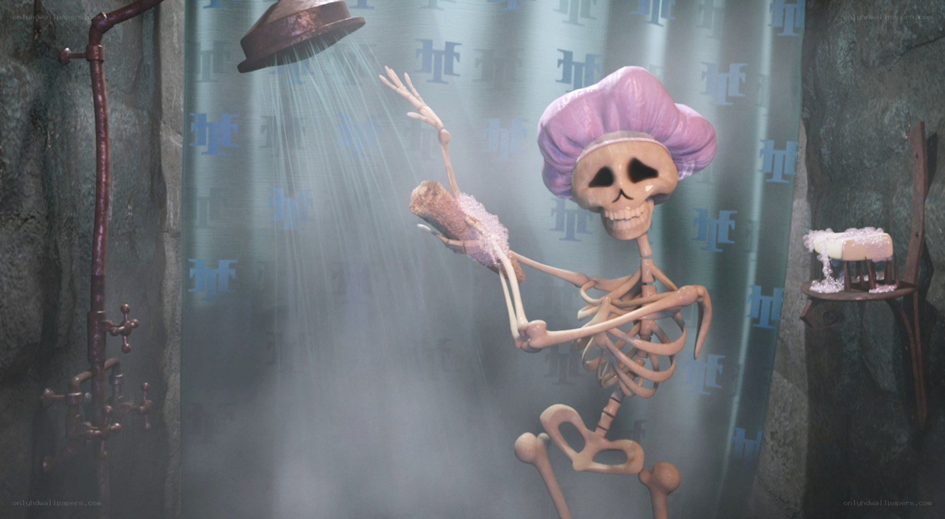 skeleton taking a shower