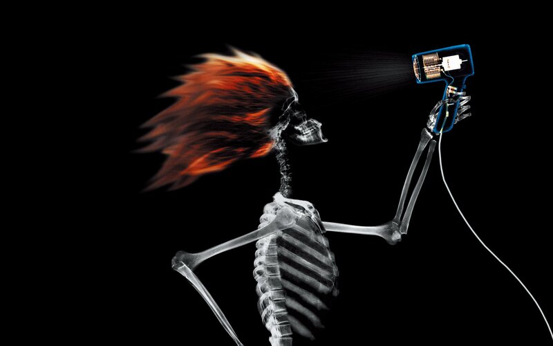 Skeleton Using Hair Dryer — Black, Dramatic, Digital Art, Hair Dryer