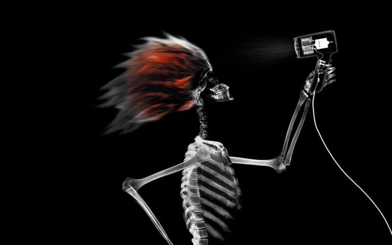 Skeleton Using Hair Dryer — Black, Dramatic, Digital Art