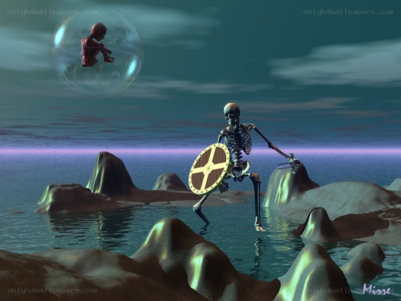 skeleton warrior on alien shore