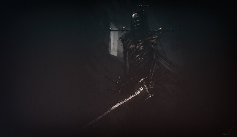 Skeleton Warrior with Sword — Black, Dramatic, Night, Digital Art