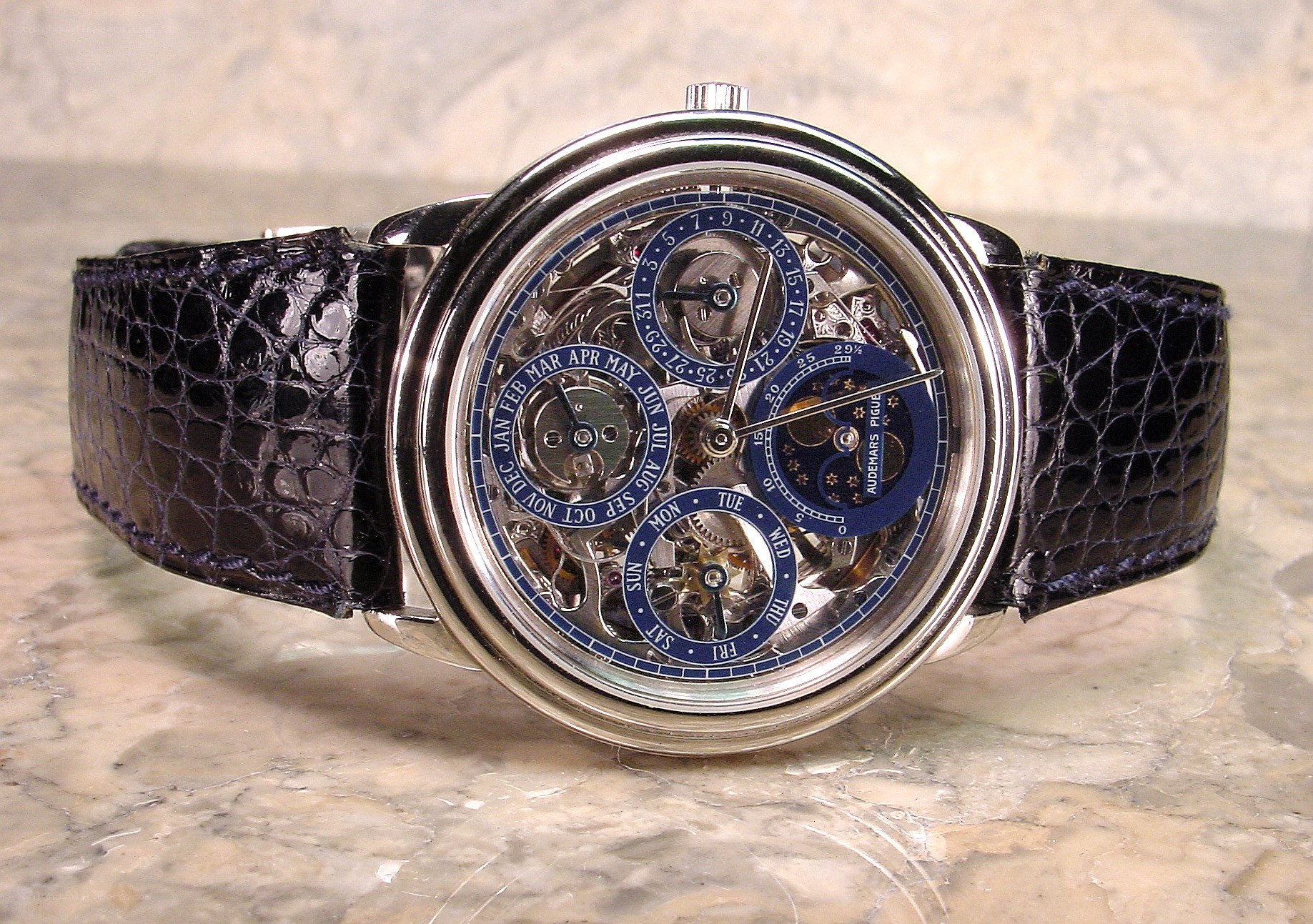 skeleton watch with leather strap