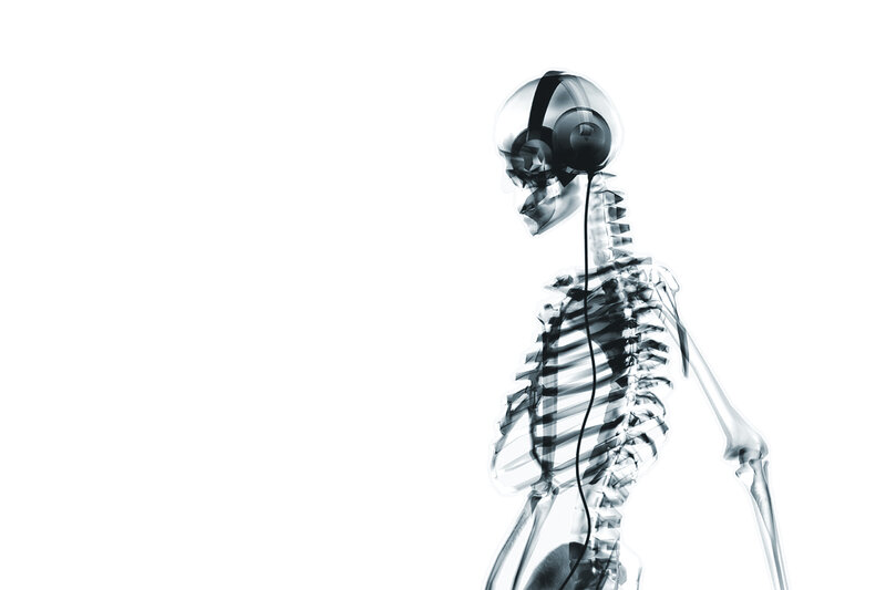 Skeleton Wearing Headphones — Black, Clinical