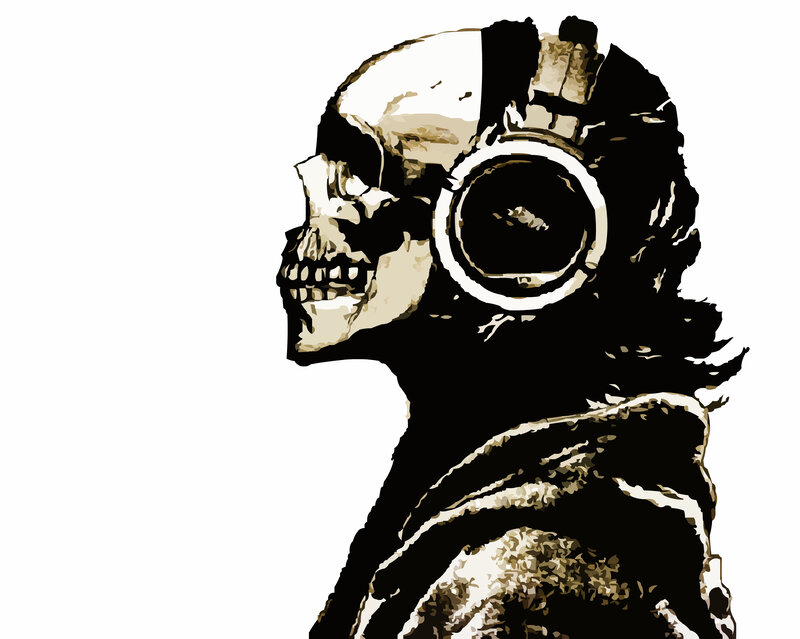 Skeleton Wearing Headphones — Black, Dark