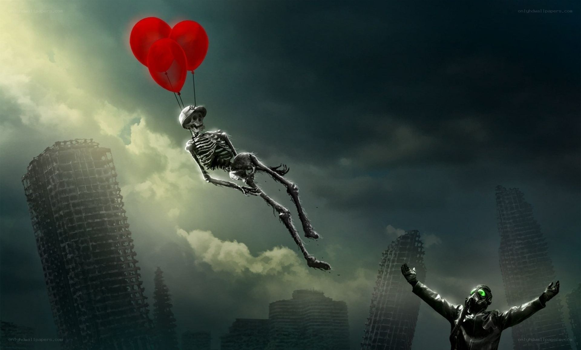skeleton with balloons in ruins