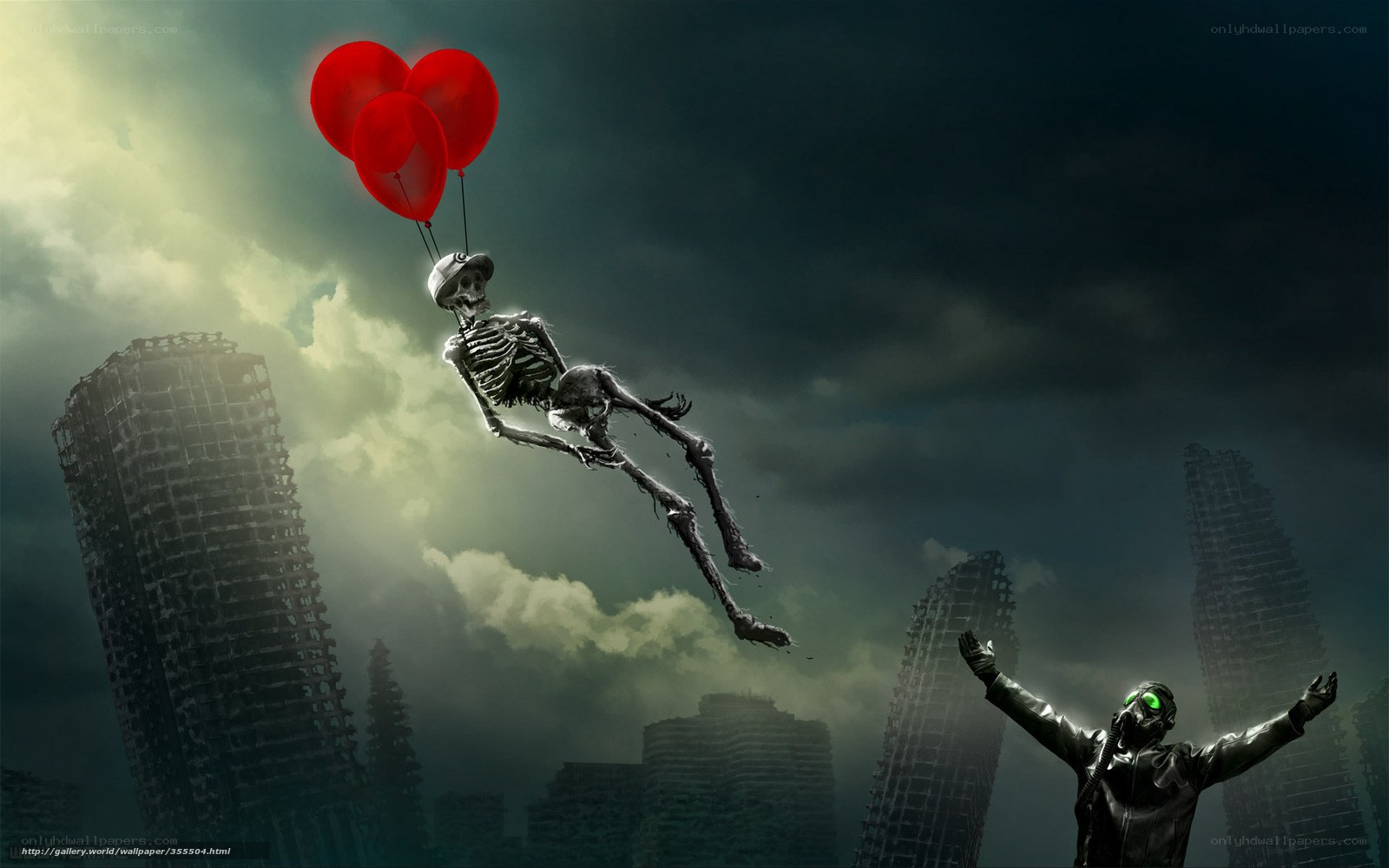 Skeleton with balloons in ruins