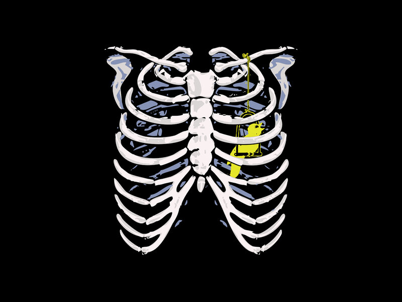 skeleton with bird in cage