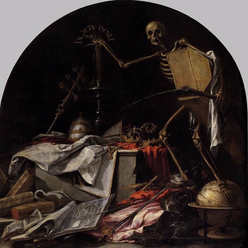 Skeleton with Books and Crown