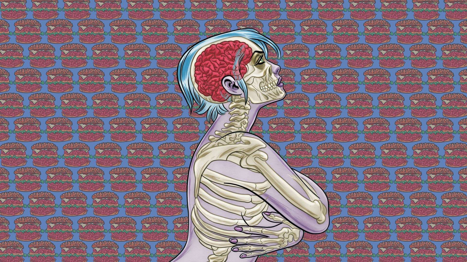 skeleton with brain and burgers