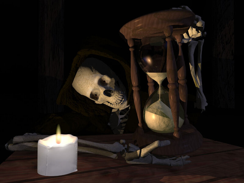 skeleton with candle and hourglass
