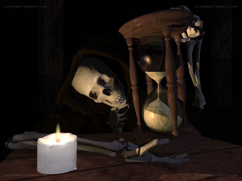 skeleton with candle and hourglass