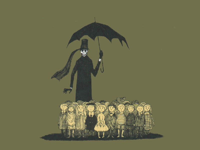 Skeleton with children under umbrella