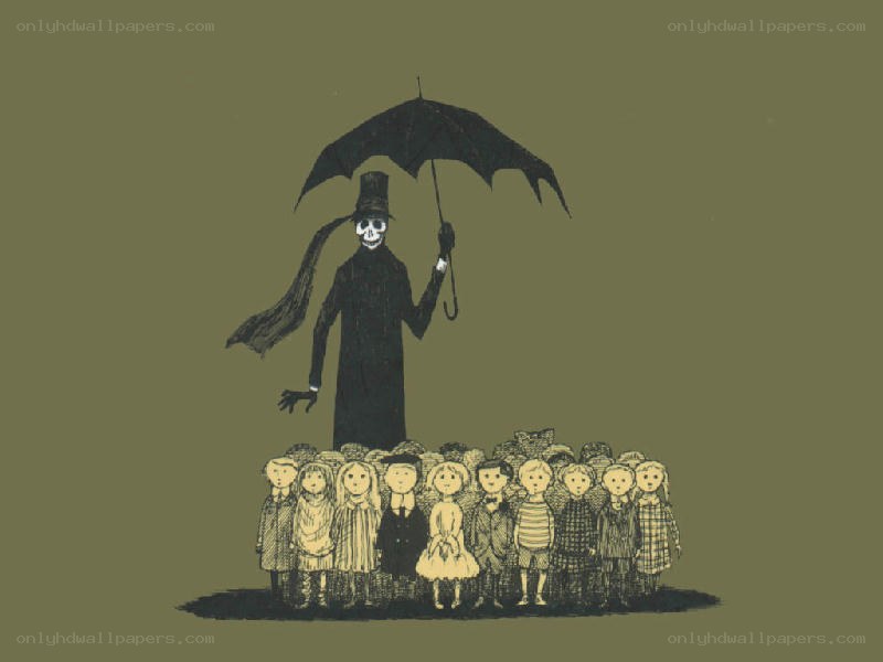 Skeleton with children under umbrella