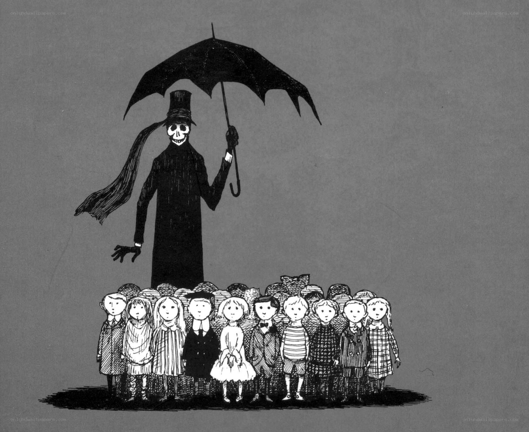 Skeleton with children under umbrella