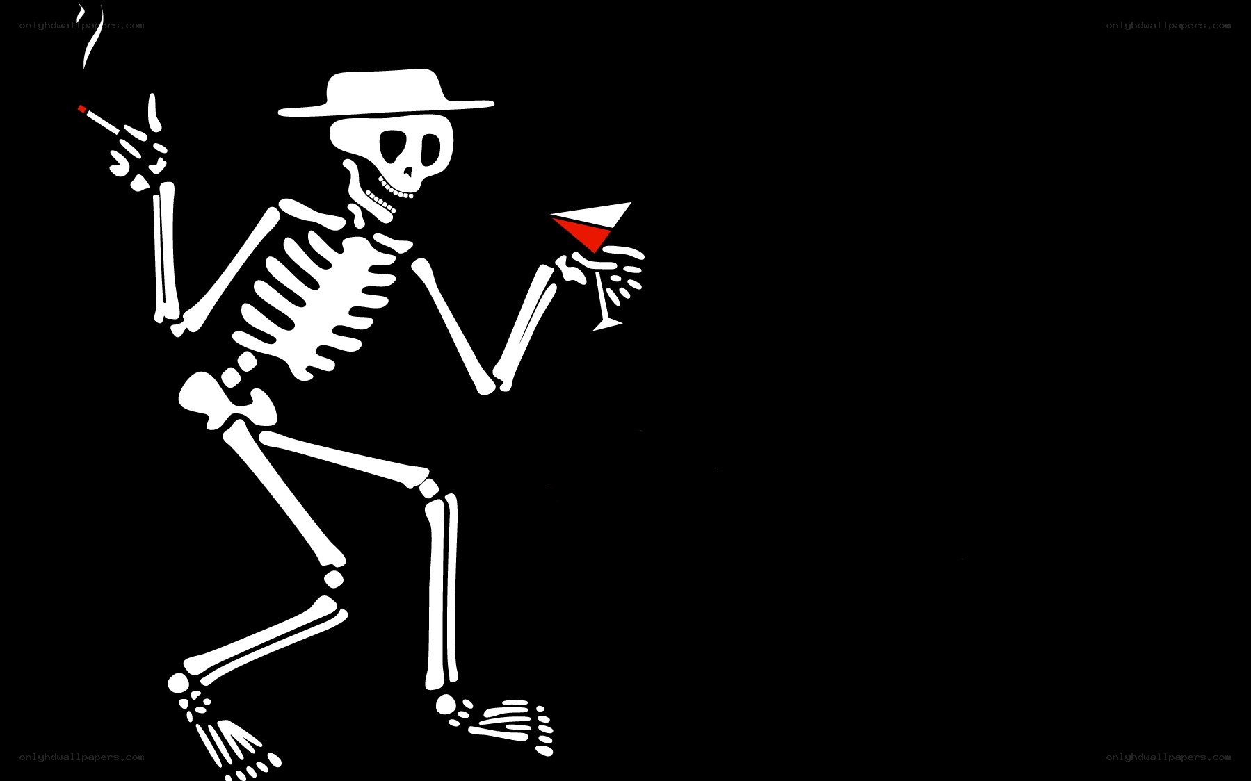 skeleton with drink and cigarette