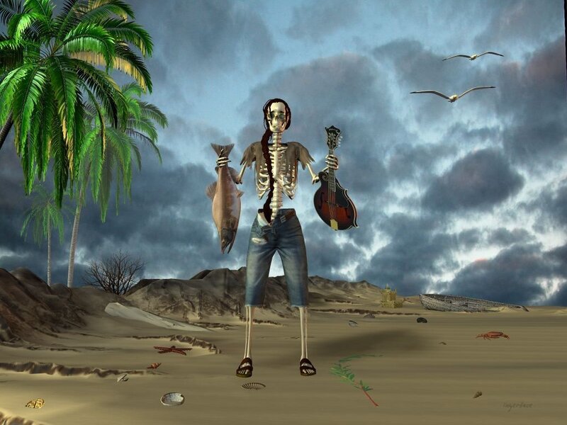 skeleton with fish and mandolin