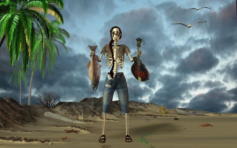 skeleton with fish and mandolin