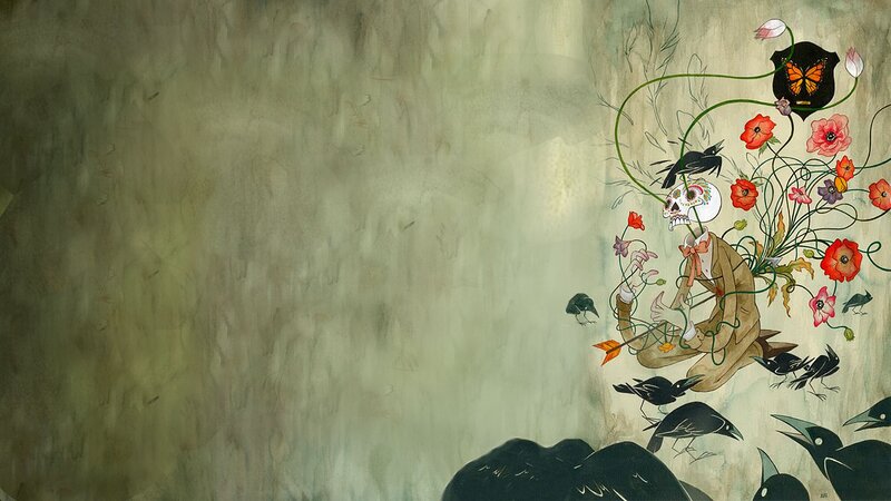 skeleton with flowers and crows
