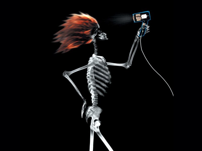 Skeleton with Hair Dryer — Black, Dramatic, Digital Art, Hair Dryer, White