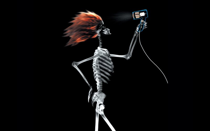 Skeleton with Hair Dryer — Black, Dramatic, Digital Art