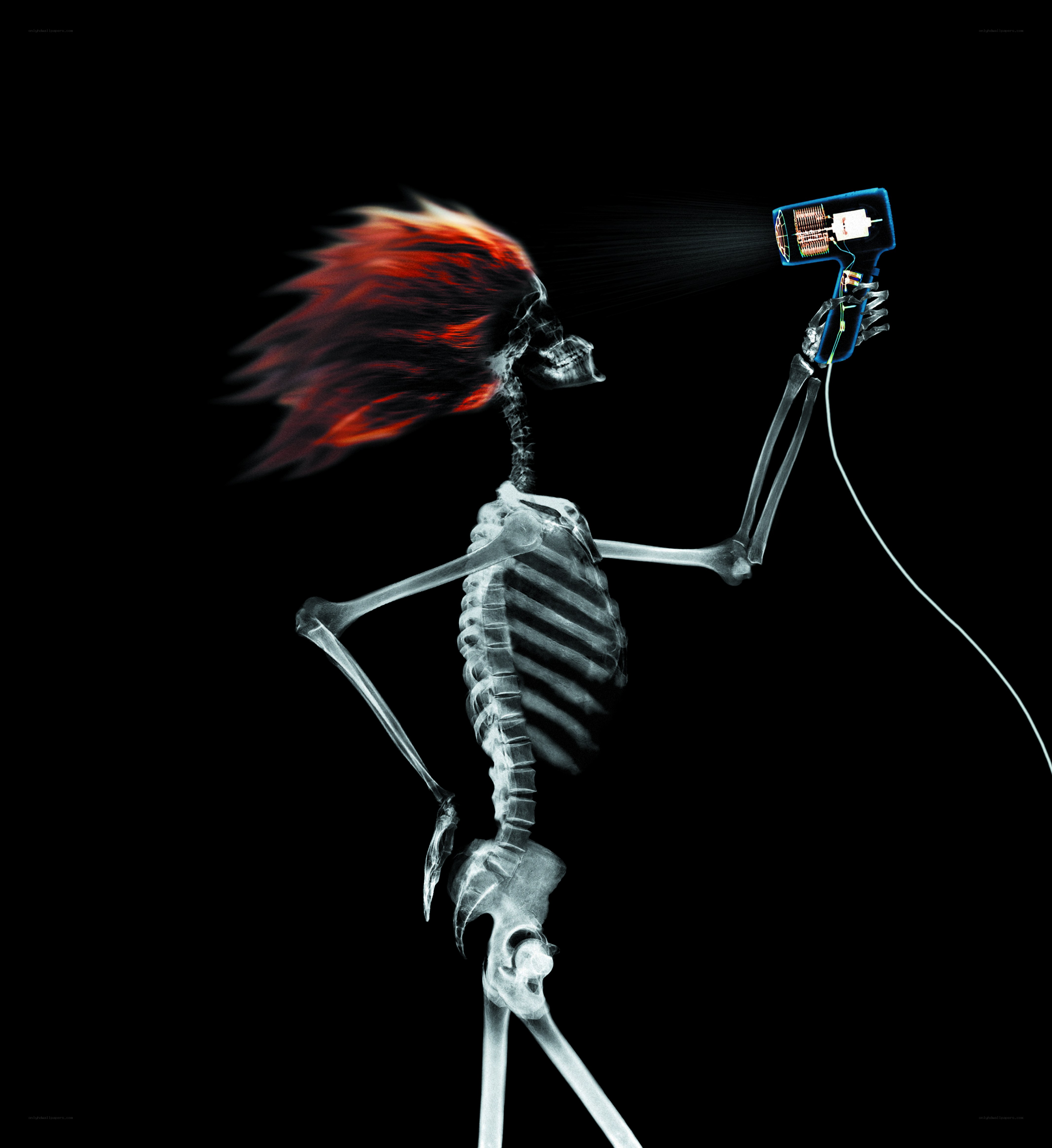 skeleton with hair dryer