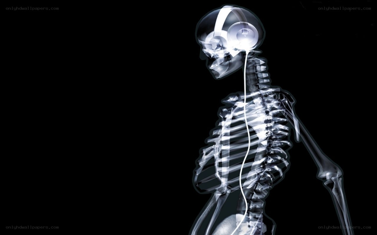 skeleton with headphones