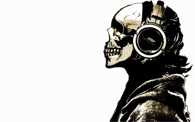 skeleton with headphones