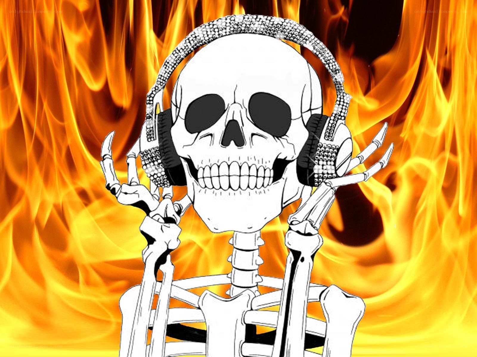skeleton with headphones in flames