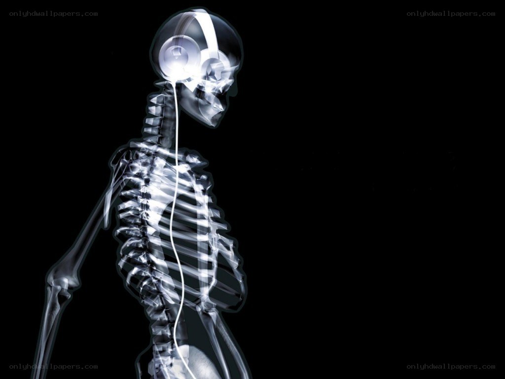 skeleton with headphones x-ray