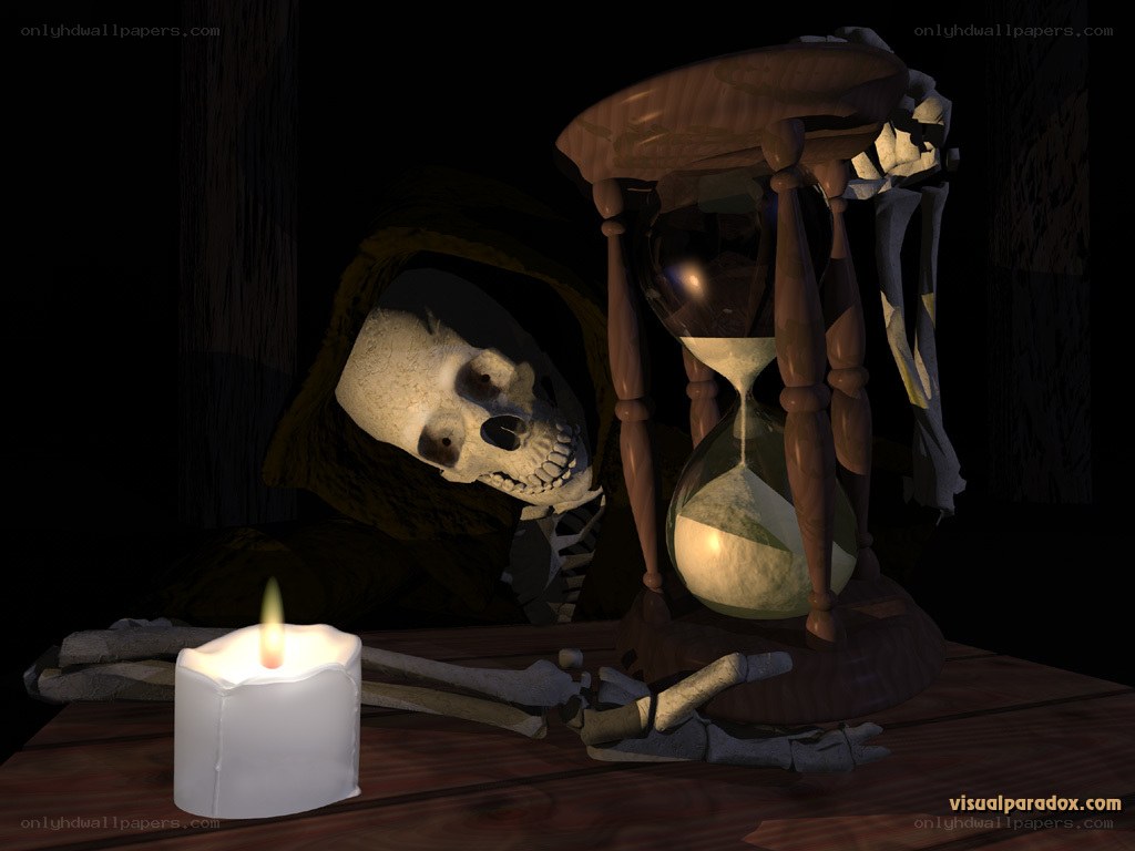 skeleton with hourglass and candle